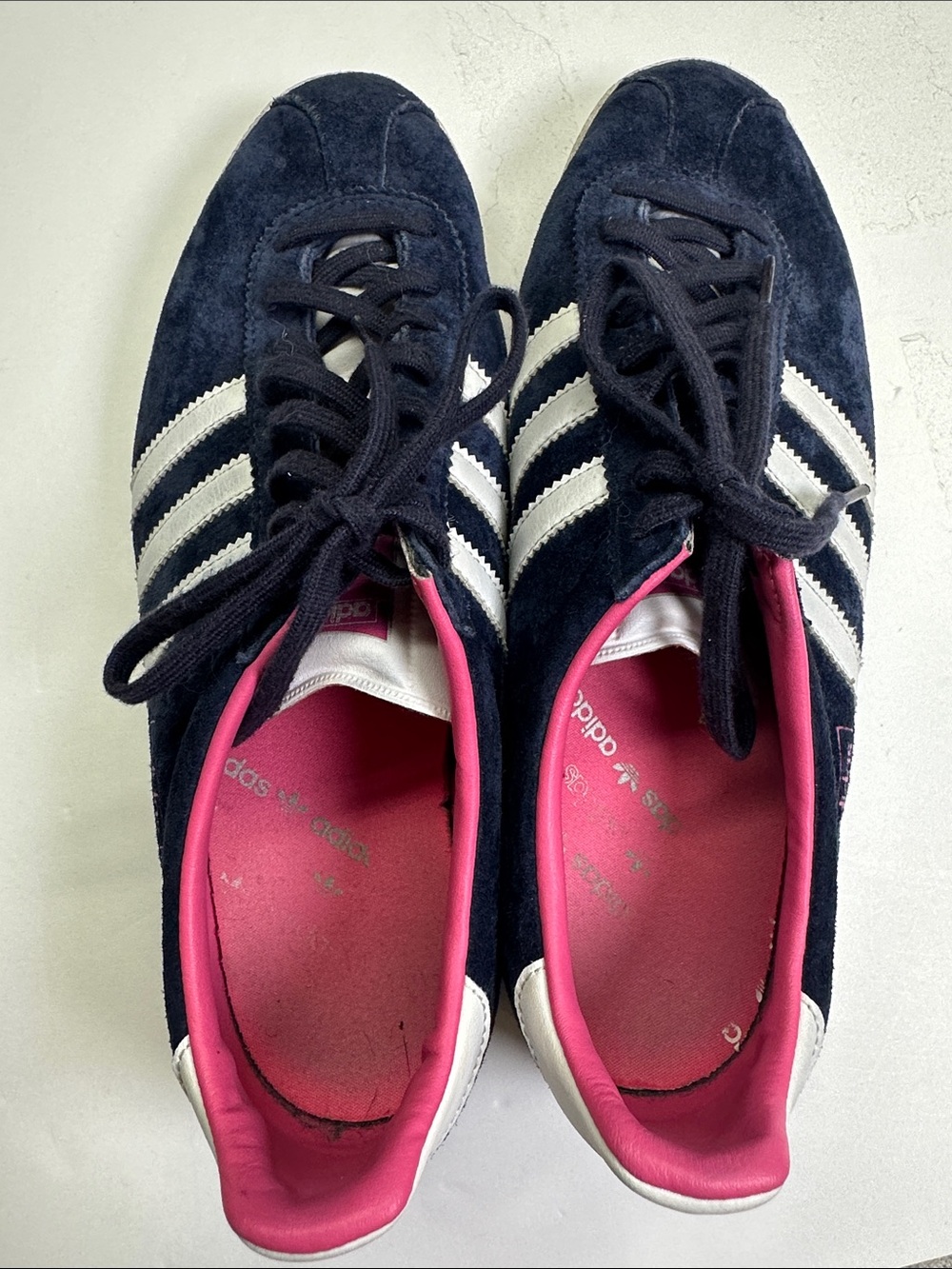 Adidas Gazelle Low Top Lace Up Sneakers, Navy Suede, White & Pink, Women's 9 - Picture 3 of 10